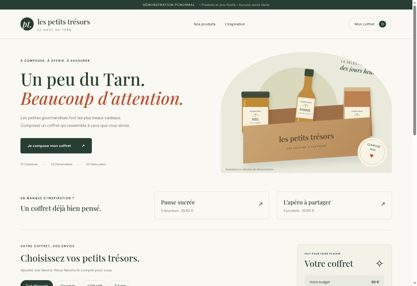 Aperçu réel de la démonstration Les Petits Trésors : création d’un coffret gourmand et catalogue interactif