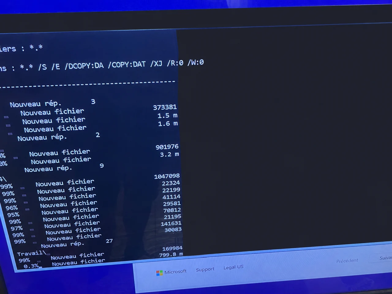 Photo d’une copie de fichiers sous Windows, avec les informations personnelles masquées